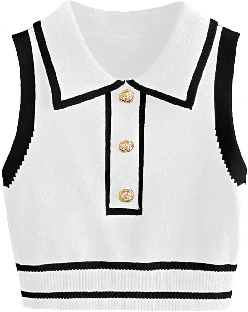 Verdusa Women's Button Down Striped Sleeveless Sweater Vest Collar Knit Top | Amazon (US)