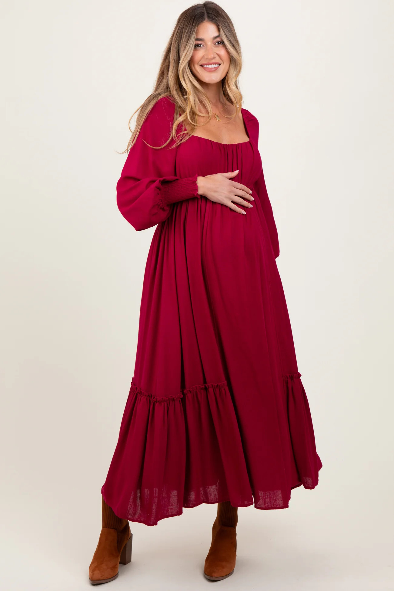 Burgundy Square Neckline Bubble Sleeve Maternity Maxi Dress | PinkBlush Maternity