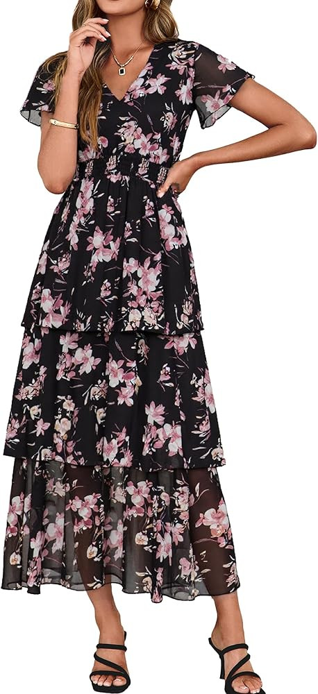 Simplee Women Floral Summer Maxi Dress Boho Flowy Ruffle Tiered Short Sleeves V Neck Long Wedding... | Amazon (US)