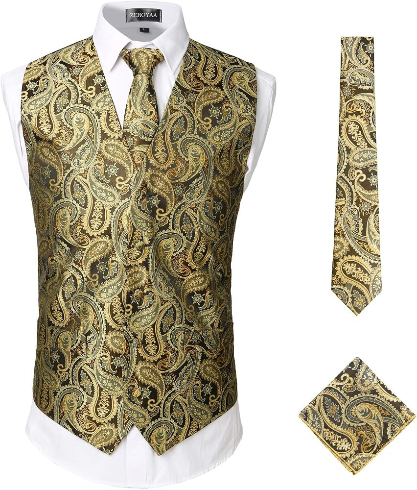 ZEROYAA Mens Classic 3pc Jacquard Paisley Vest Set Necktie Pocket Square Waistcoat for Suit or Tuxed | Amazon (US)