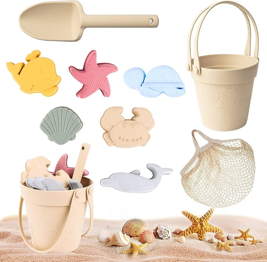 QKTYB Silicone Beach Toys with Portable Beach Bag,9 Pack Silicone Sand Toys with 7 Sand Molds,Sho... | Amazon (US)