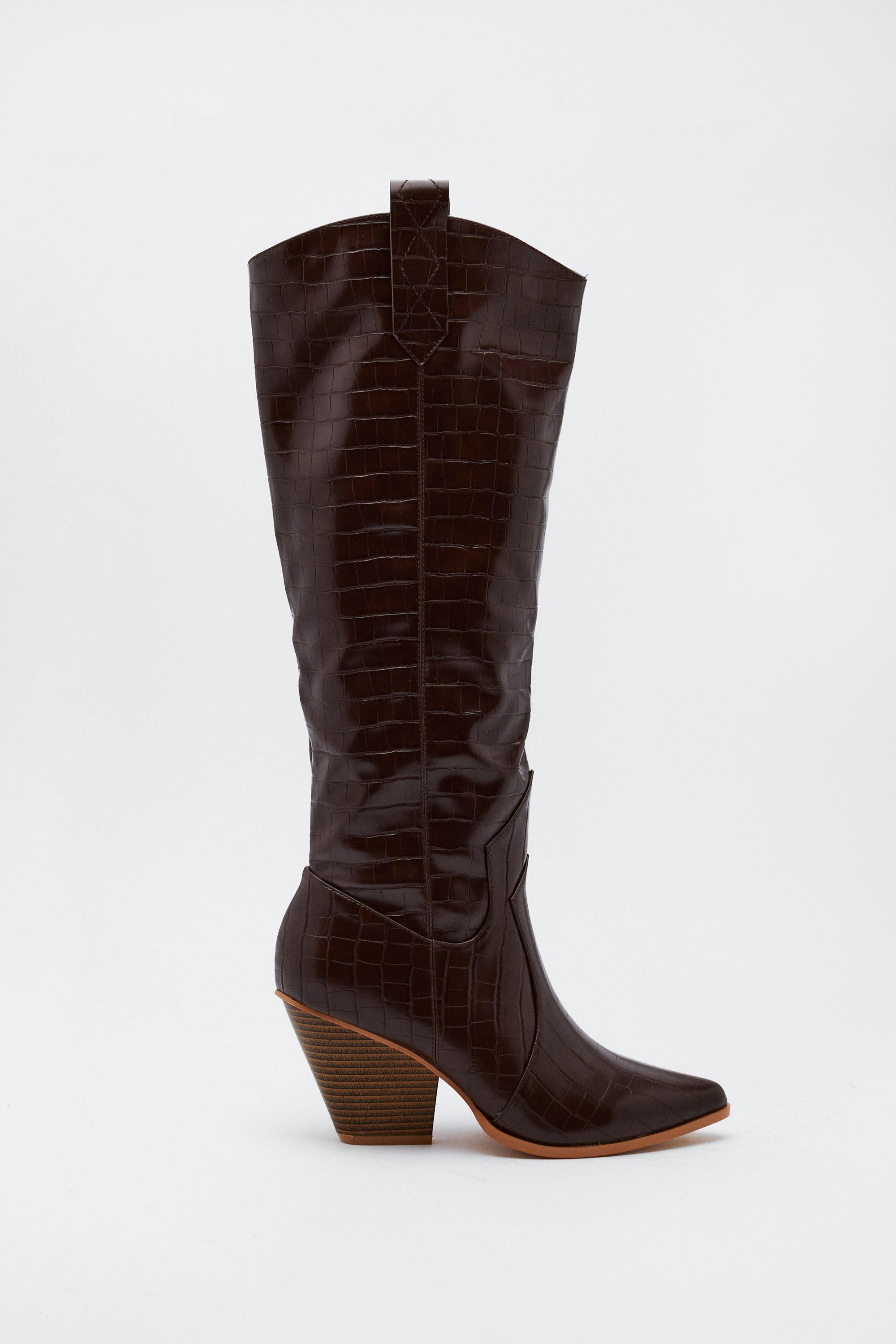 Faux Croc Knee High Western Boots | Nasty Gal (US)