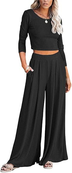 Lveberw Lounge Set Womens, Outfits Sets, Ribbed Crop Top Long Sleeve, Palazzo Pants - Loose Sweat... | Amazon (US)