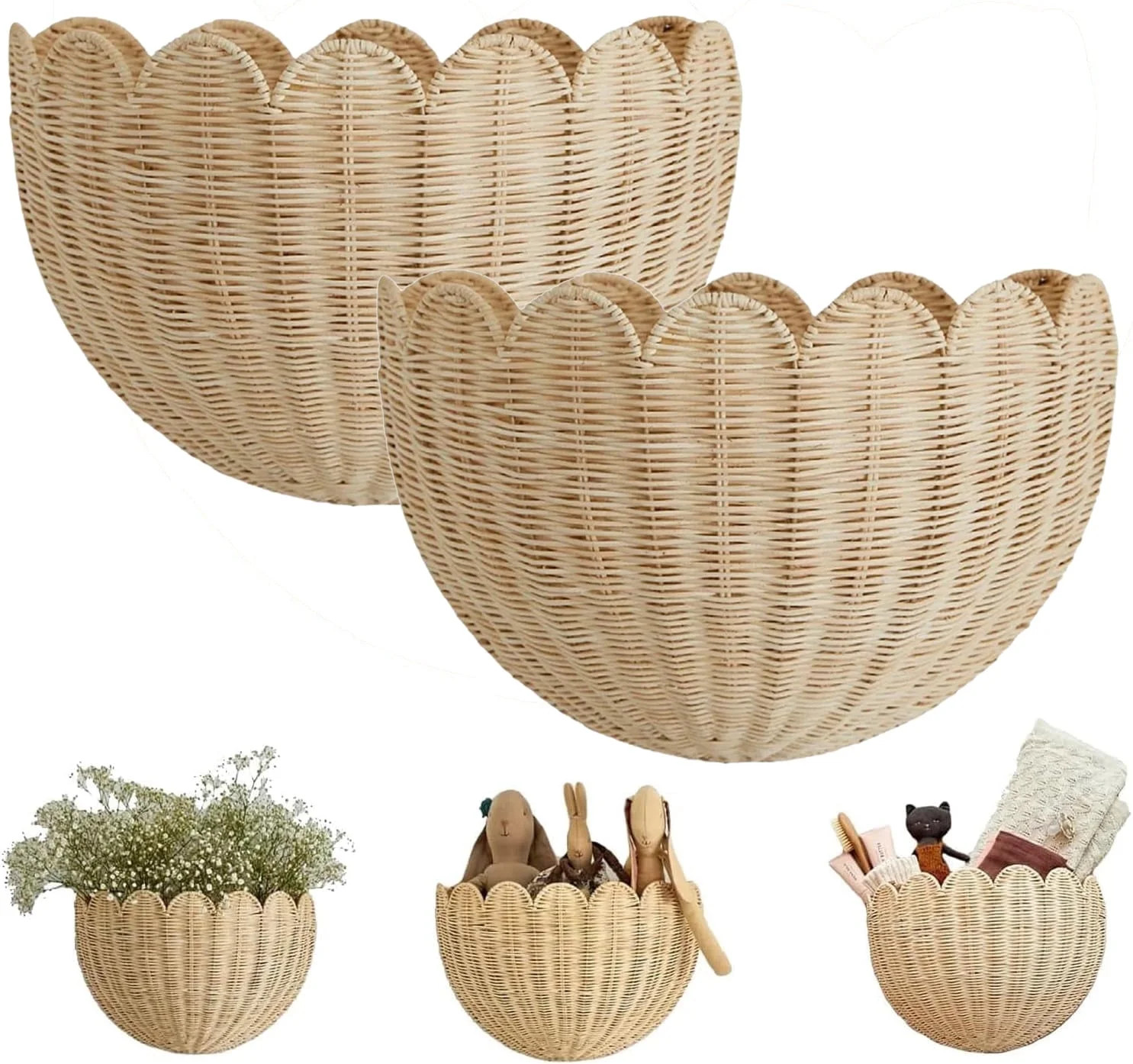 Scalloped Wall Basket,Hanging Hand Woven Wicker Wall Basket with Metal Frame & Hook, Scalloped Ra... | Walmart (US)