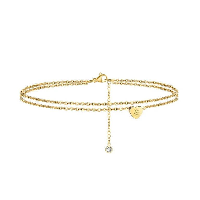 Turandoss Layered Heart Initial Anklets for Women 14K Gold Plated Adjustable Chain Letter a-z Cha... | Walmart (US)