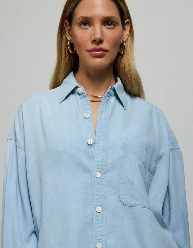 AE77 Premium Denim Boyfriend Shirt | American Eagle Outfitters (US & CA)