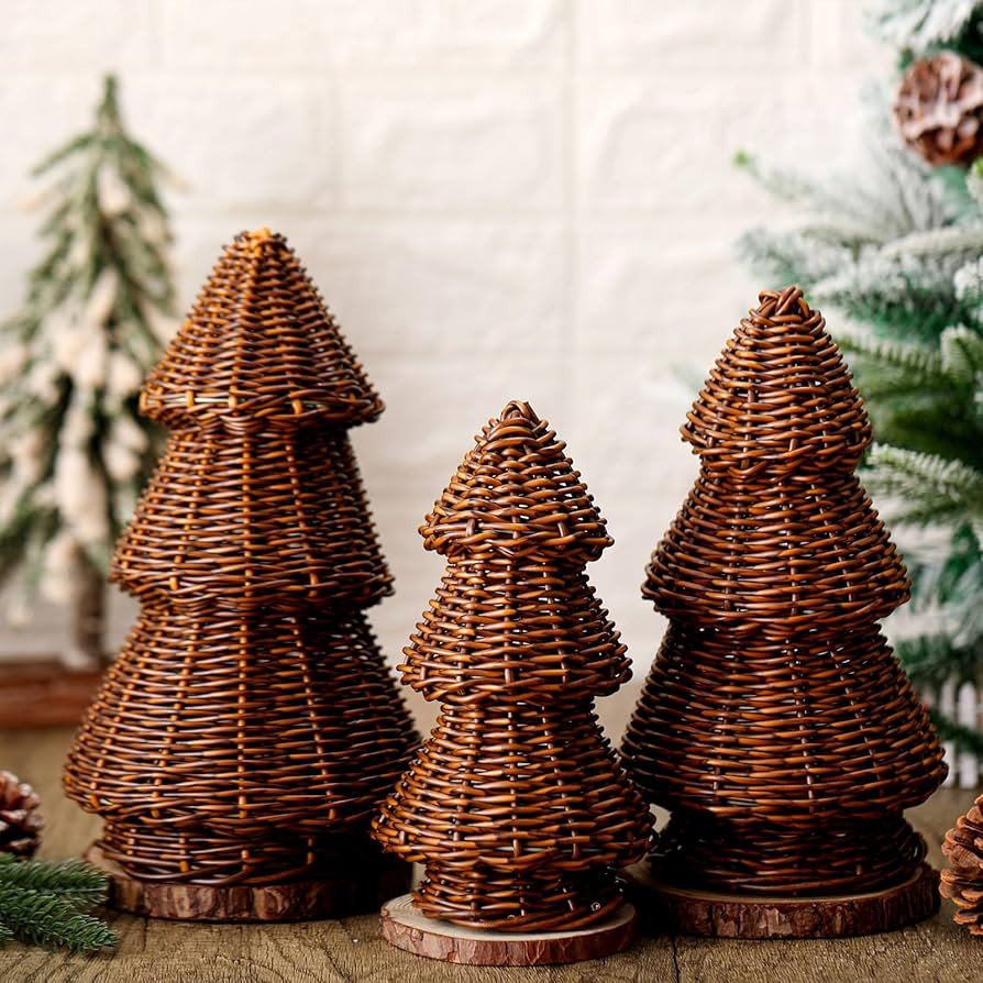 3 Pcs Morden Christmas Decor Woven Christmas Cone Tree Neutral Rattan Xmas Tabletop Centerpiece O... | Amazon (US)