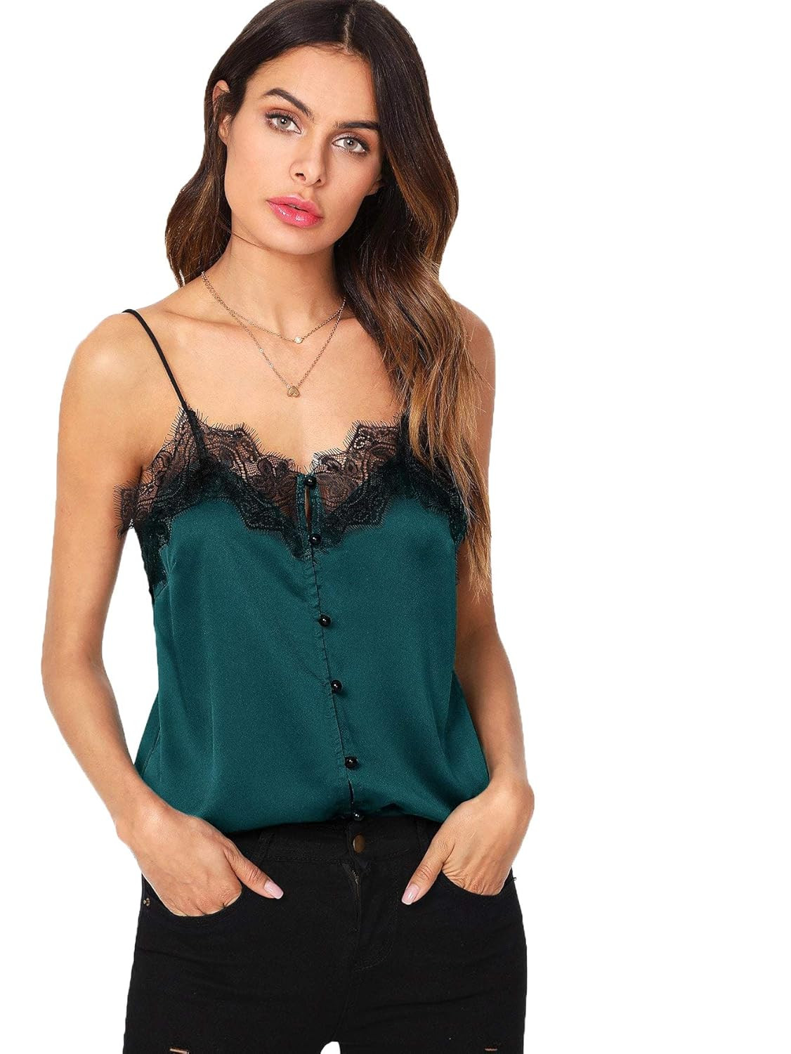 DIDK Women's V Neck Lace Insert Plaid Cami Top | Amazon (US)