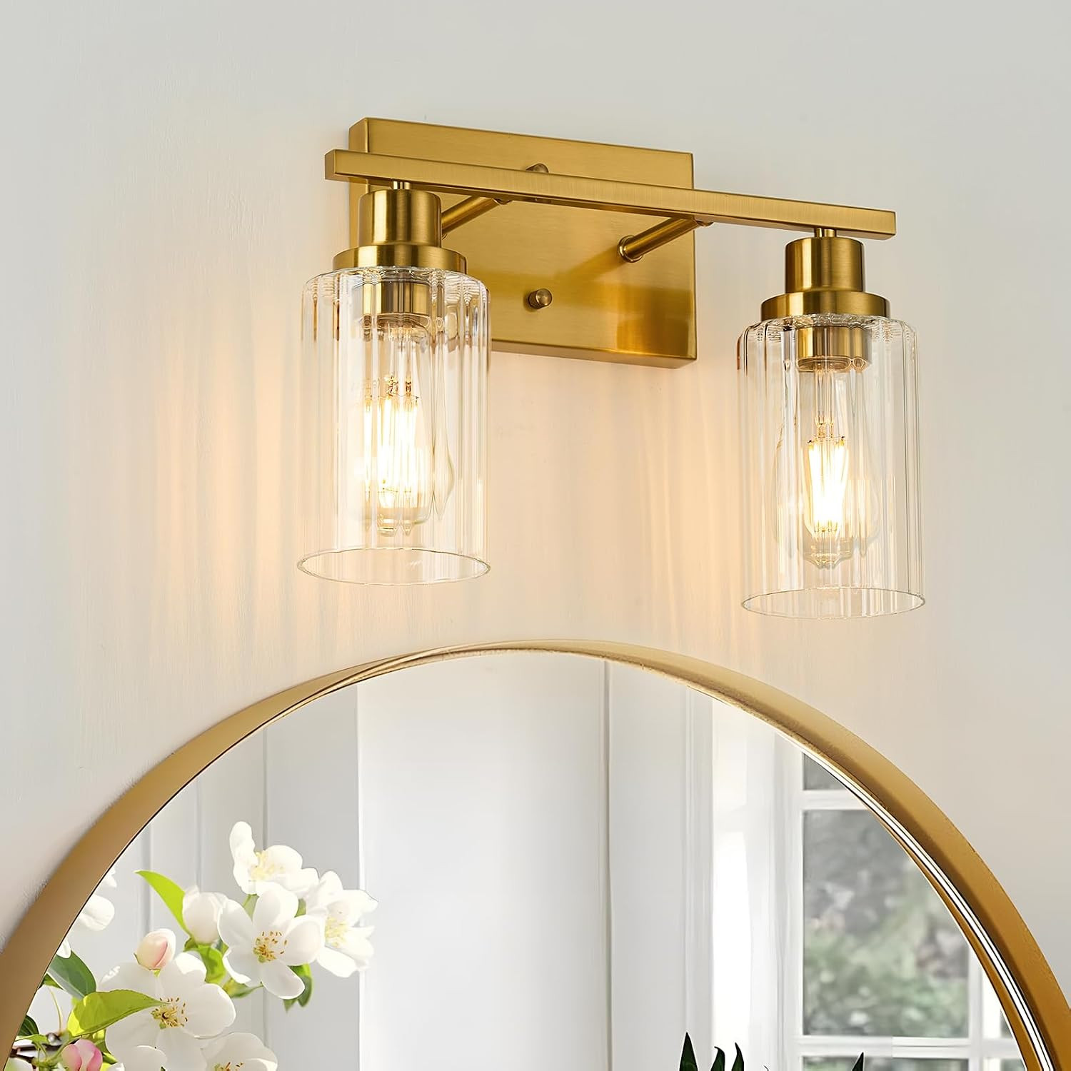 Jonsi Gold Bathroom Light Fixtures, 2 Light Brushed Gold Vanity Lights With Fluted Glass Shade, Modern Lights Over Mirror, Vanity Lighting Fixtures | Amazon (US)