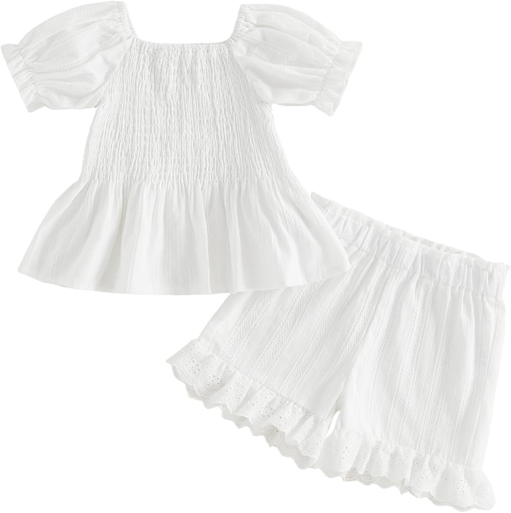 BeQeuewll Toddler Baby Girl Summer Outfit Smocked Short Sleeves T-Shirt Elastic Ruffle Shorts Set... | Amazon (US)