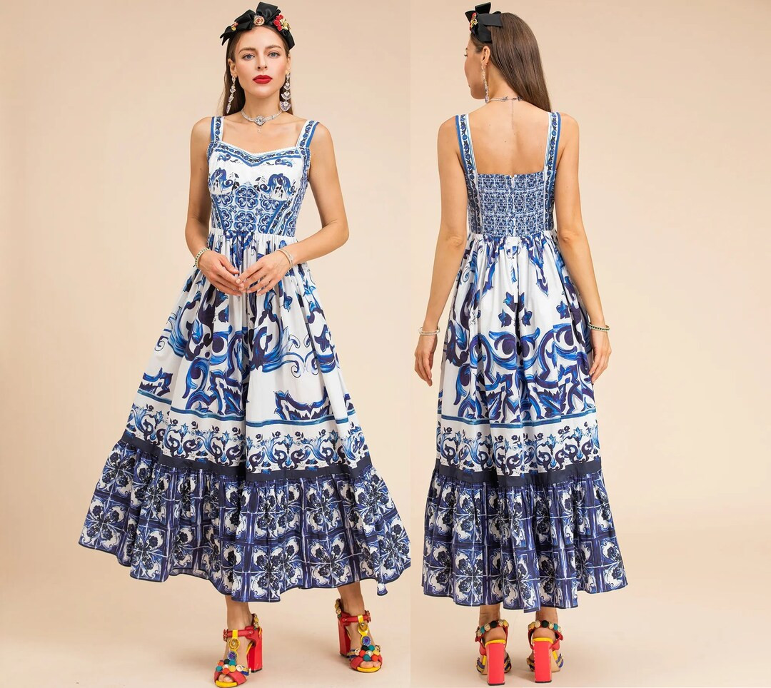 Summer Cotton Dress Women's Spaghetti Strap Blue and White Porcelain Printing Vacation Long Majol... | Etsy (US)