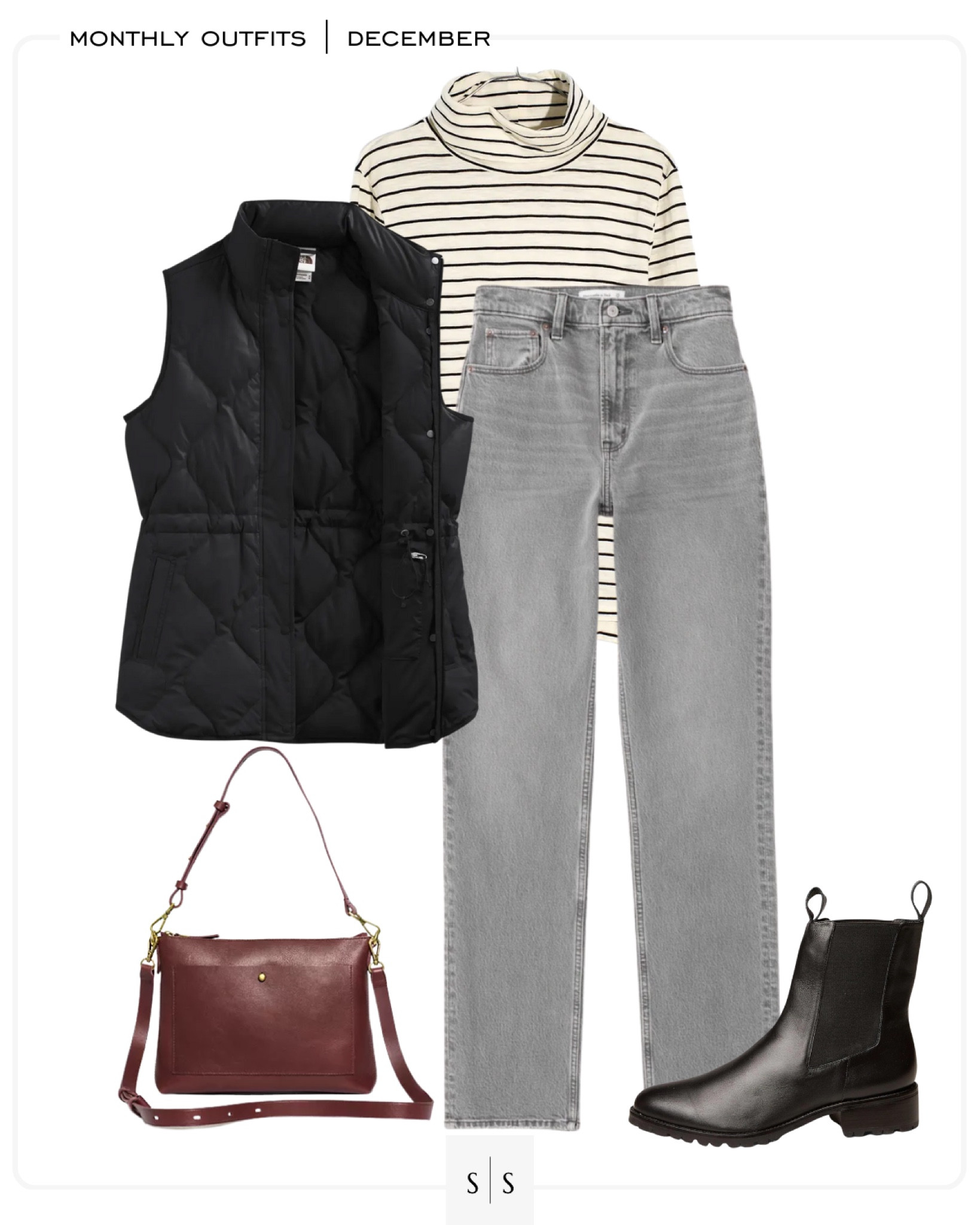 Monthly outfit planner : DECEMBER looks | #quiltedvest #turtlenecktee #greyjeans #skinnyjean #straightjean #lugboot #winteroutfit | See entire calendar on thesarahstories.com  ✨

#LTKstyletip