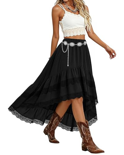 XZQTIVE Women Western Boho High Waist Lace Fringe Skirt Asymmetrical Cowgirl Midi Skirt Country Concert Outfits for Women | Amazon (US)