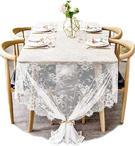 BOXAN 60x120 Inch Gorgeous White Lace Tablecloth Overlay Rose Vintage Embroidered, Romantic Boho ... | Amazon (US)