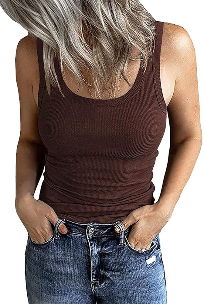 GEMBERA Women's Sleeveless Scoop Neck Ribbed Tank Tops Fitted Basic Cami Tee Shirts | Amazon (US)