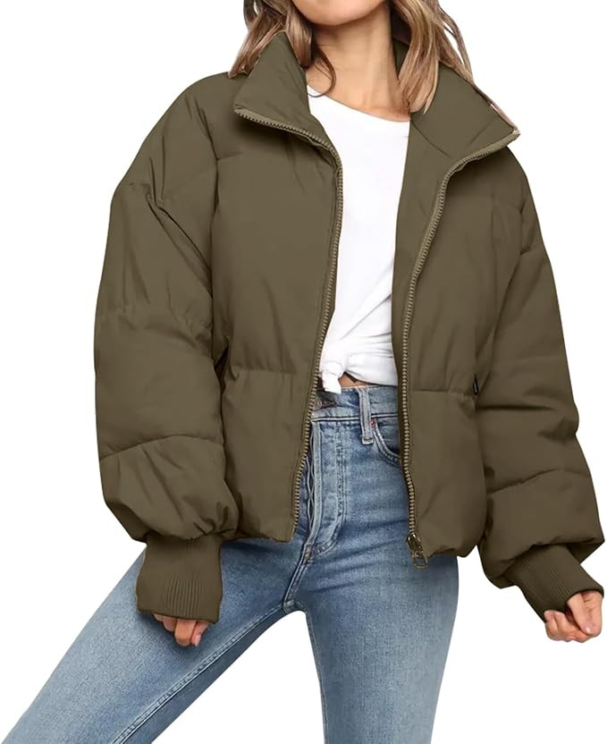 Women’s Winter Cropped Puffer Jacket Coat Casual Quilted Baggy Long Sleeve Zip Down Jackets Out... | Amazon (US)