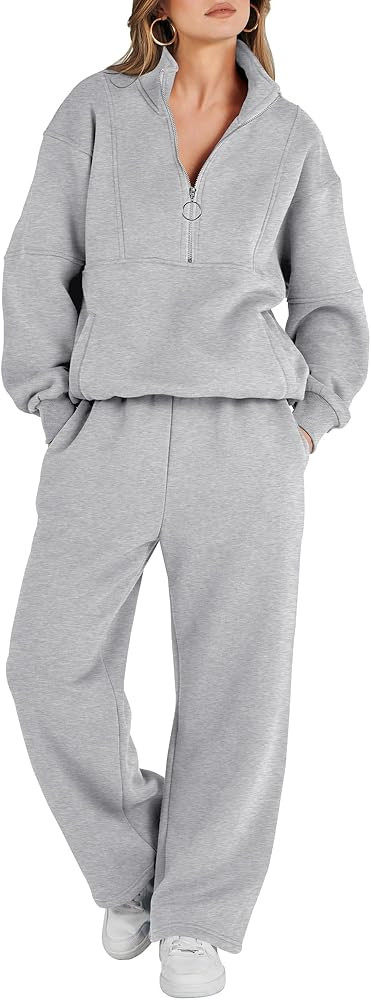 ANRABESS Women 2 Piece Outfits Sweatsuit Set 2023 Fall Oversized Half Zip Sweatshirt Wide Leg Swe... | Amazon (US)