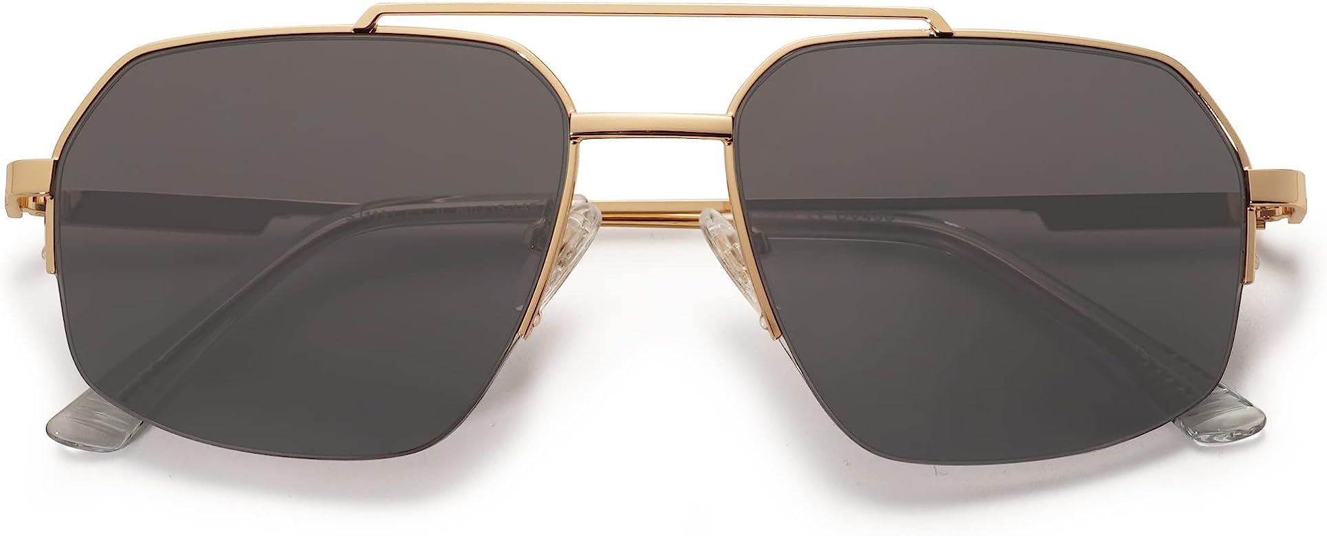 Trendy Aviator Sunglasses Mens Womens Retro Double Bridge Metal Semi-Rimless Shades Lentes De Sol... | Amazon (US)