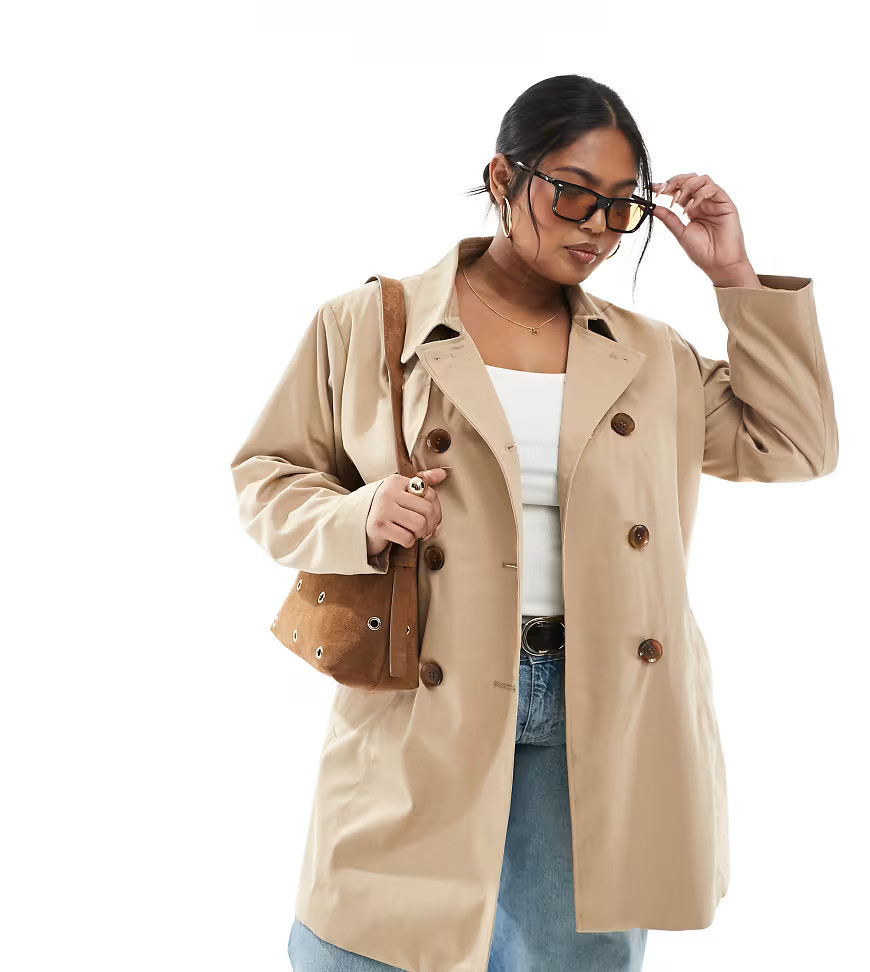 ONLY Curve belted short trench coat in beige-Neutral | ASOS (Global)