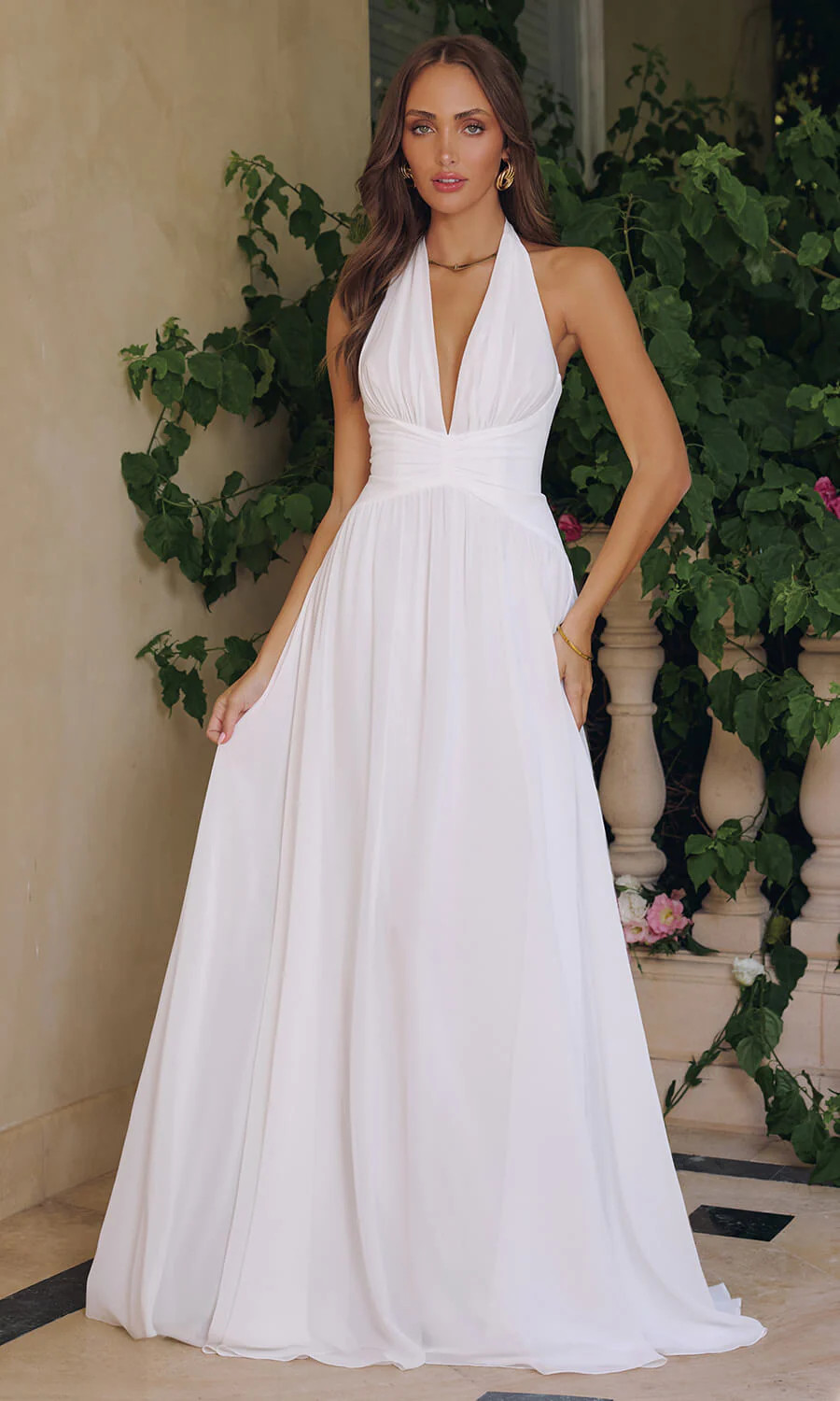 TARA GOWN - OFF-WHITE FLOWY CHIFFON HALTER DRESS | Lady Black Tie