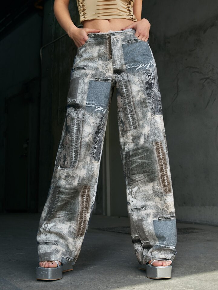 SHEIN ICON Low Rise Graphic Print Wide Leg Jeans | SHEIN