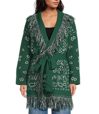 Sugarlips Bandana Fringe Shawl Collar Belted Open Front Cardigan | Dillard's | Dillard's