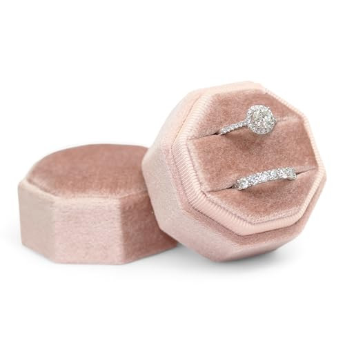 BLUTETE Velvet 2 Slots Jewelry Ring Box Engagement Wedding Box Keepsake Box Bridal Photo Ring Double Slots Octagon (Blush Peach Velvet) | Amazon (US)