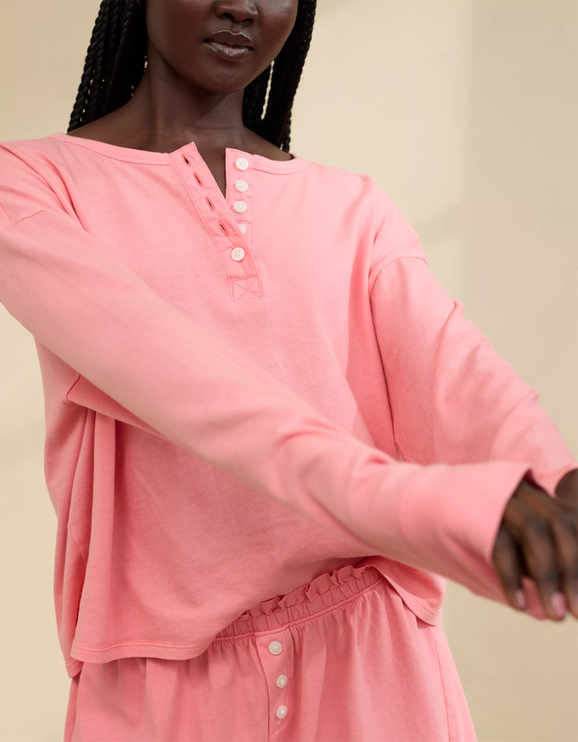 Aerie Cotton Mix Henley Long Sleeve Shirt | American Eagle Outfitters (US & CA)