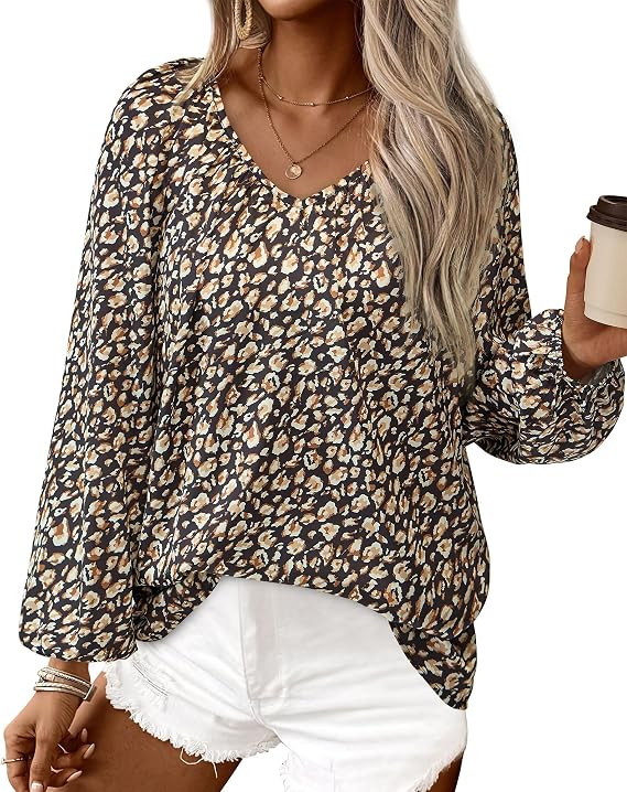 Women's Summer Tops Dressy Casual 2026 V Neck Satin Silk Printed Shirts Boho Long Sleeve Work Blo... | Amazon (US)