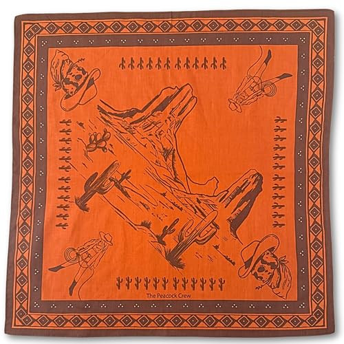 The Peacock Crew Handrawn Western Bandana Wild Wild West Designer Print Premium Cotton Head Scarf for Men, Women Brown and Rust | Amazon (US)