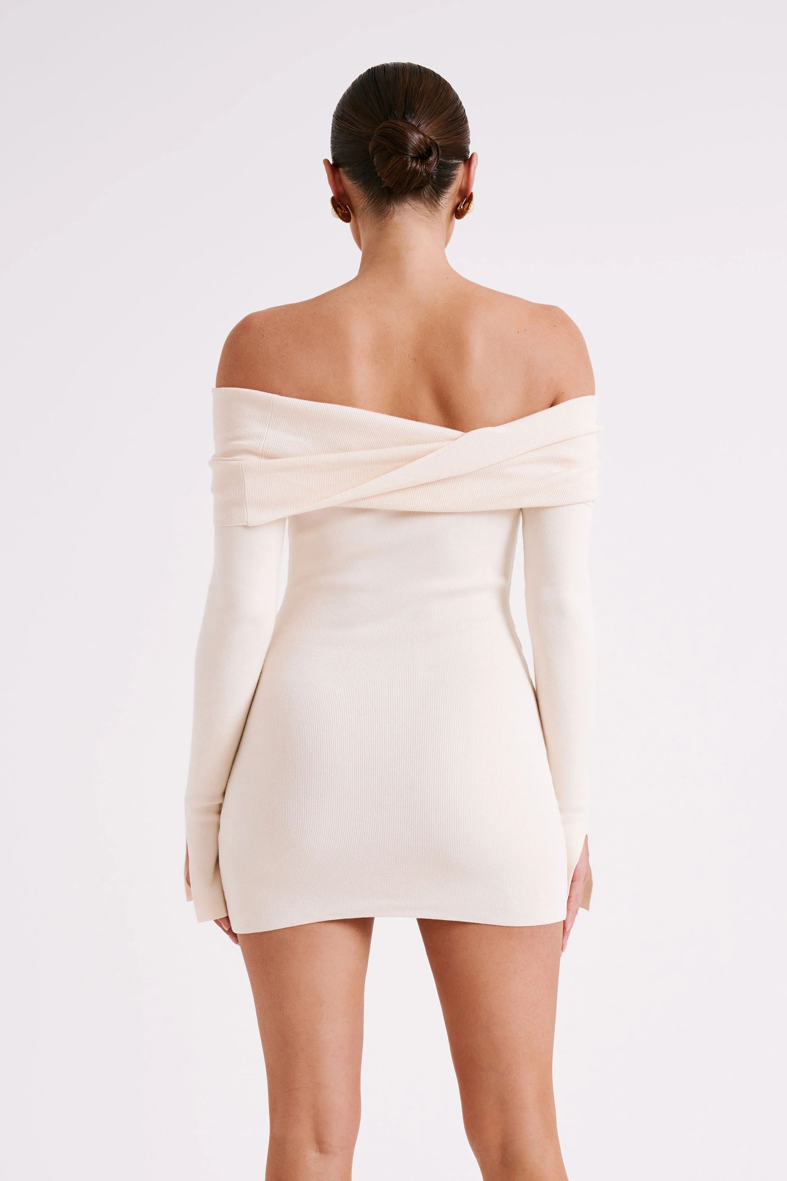 Clover Off Shoulder Knit Mini Dress - Cream | MESHKI US
