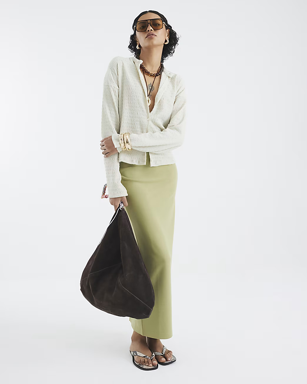 Khaki Neoprene Maxi Skirt | River Island UK & IE