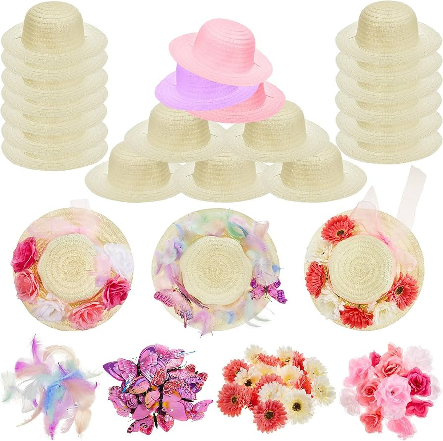 Hotop 197 Pcs DIY Girls Straw Hats Set Tea Party Hats for Kids Include 24 Pcs Straw Hats 48 Pcs A... | Amazon (US)