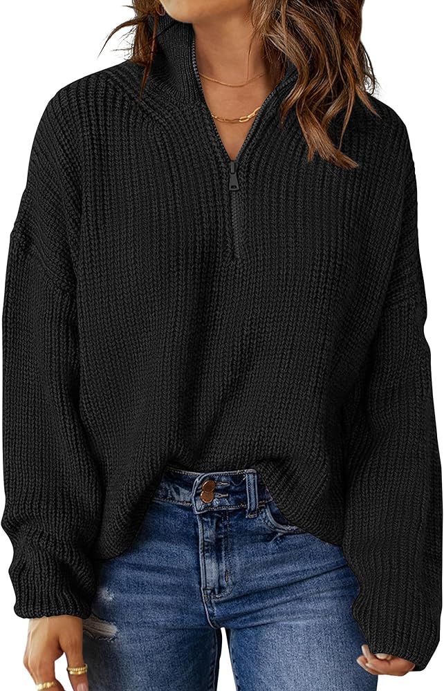 MEROKEETY Women's 2024 Long Sleeve Chunky Knit Sweaters 1/4 Zip Polo V Neck Casual Pullover Tops | Amazon (US)