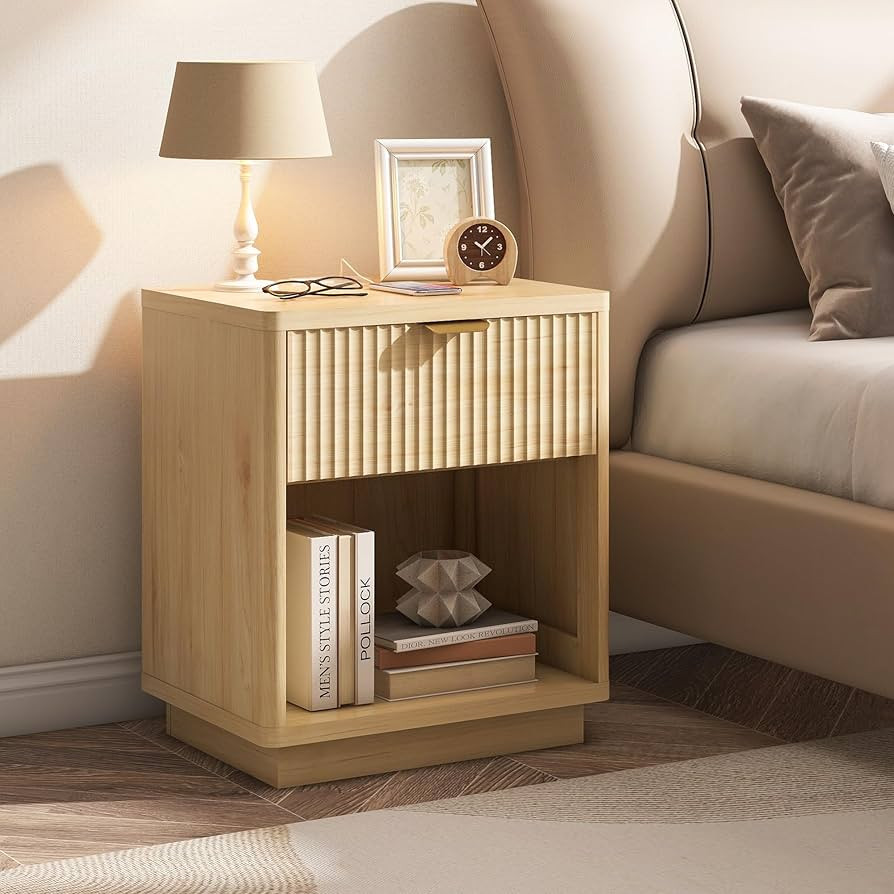 Fluted Nightstand Charging Station,Wood Modern Night Stands Storage Cabinet for Bedroom,Oak Bedsi... | Amazon (US)