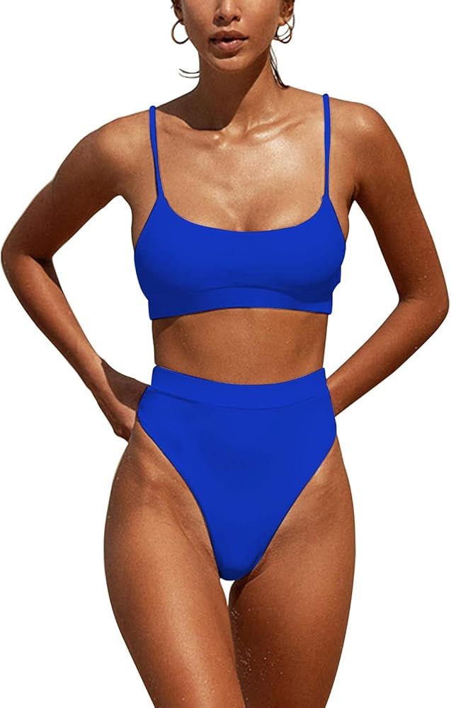 Womens Swimsuits High Waist Crop Sports Bikini Sets Two Piece High Cut Bathing Suits Swimwear | Amazon (US)