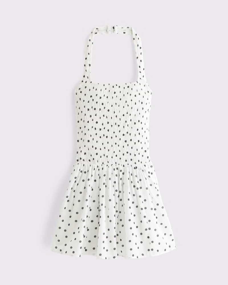 Abercrombie & Fitch Women's Drop-Waist Smocked Mini Dress in Black Dot - Size M PETITE | Abercrombie & Fitch (US)