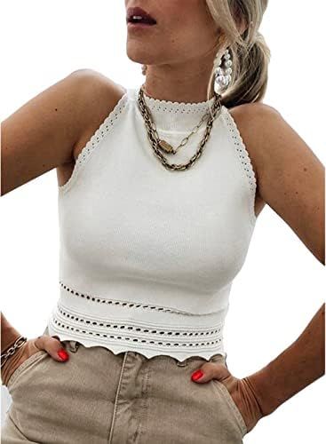 Asvivid Women’s Sexy Sleeveless High Neck Racer Back Rib-Knit Tank Tops Halter Neck Crop Tops | Amazon (US)