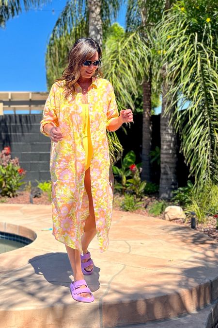 Real life pool day! I wear this button up SHIRTDRESS around the house when I’m here in Arizona but it’s also a great pool coverup! 
My swim suit is super flattering btw 

#LTKswim #LTKSeasonal #LTKunder100