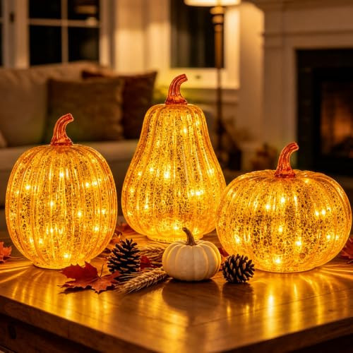 MUMTOP Mercury Glass Pumpkins Light 3PCS Halloween Fall Pumpkin Decor | Amazon (US)