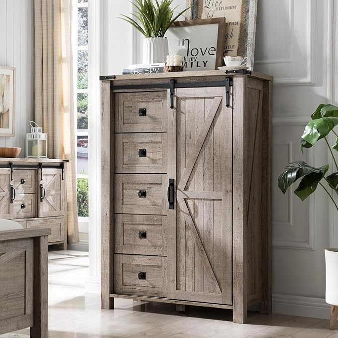 T4TREAM 5 Drawers Dresser for Bedroom w/Sliding Barn Door, Farmhouse Modern Tall Dresser 5 Chest ... | Amazon (US)