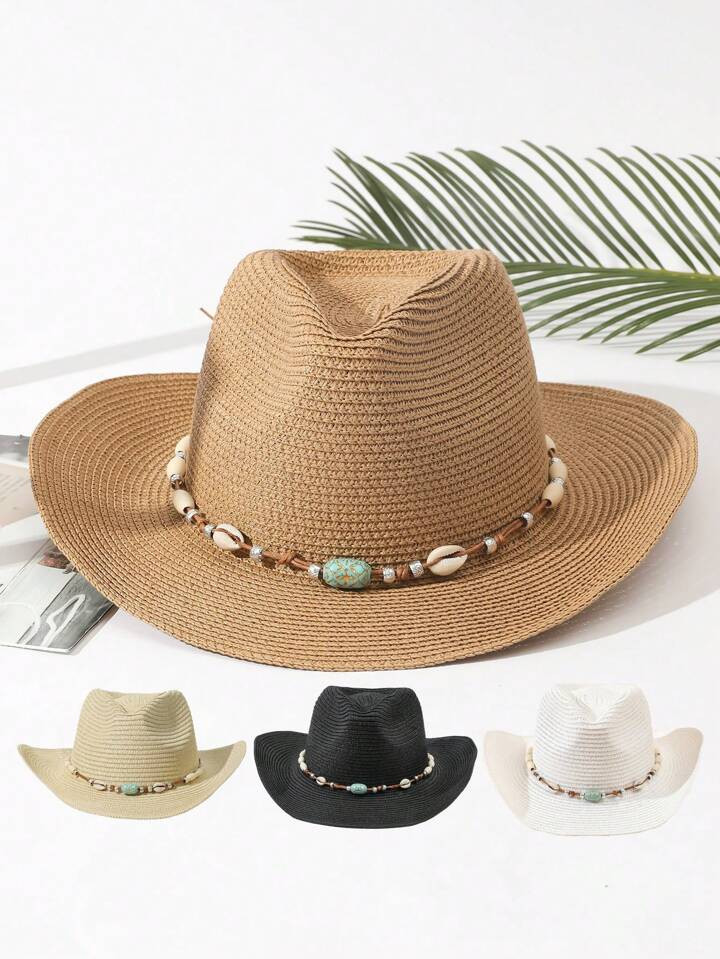 1pc Unisex Cattle Decor Boho Jazz Panama Visor Hat Cowgirl Cowboy Hat Beach Hat Straw Hat Suitabl... | SHEIN