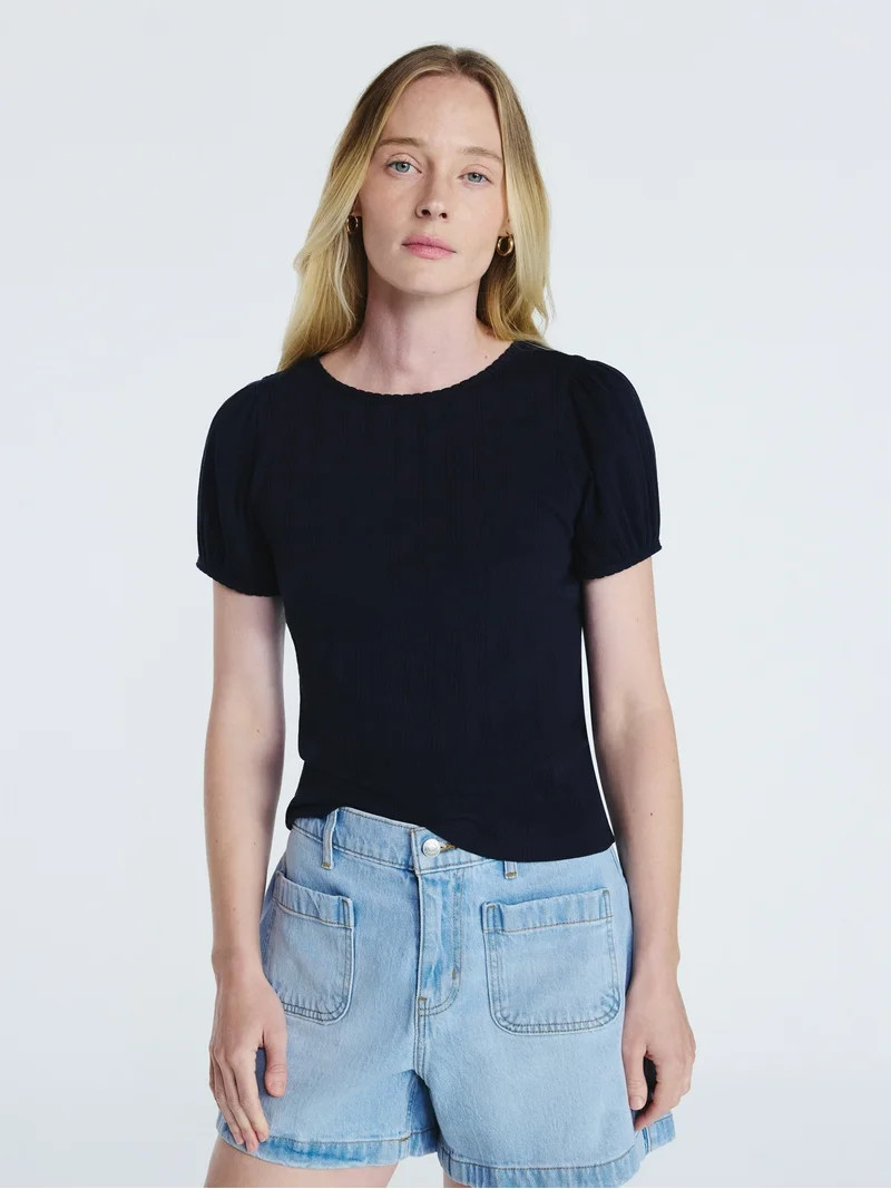 Free Assembly Women's Crewneck Top with Short Puff Sleeves, Sizes XS-XXL | Walmart (US)