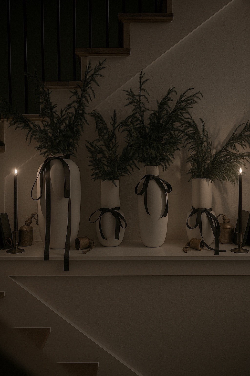 Quiet holiday details.
White vases, fresh greens, black bows, and soft candlelight—simple pieces styled with intention.

#minimalholidaydecor #ltkhome #modernchristmas #stairledge #holidaystyling #moodyaesthetic #christmasdecor #homedecor


#LTKSeasonal #LTKHome #LTKHoliday