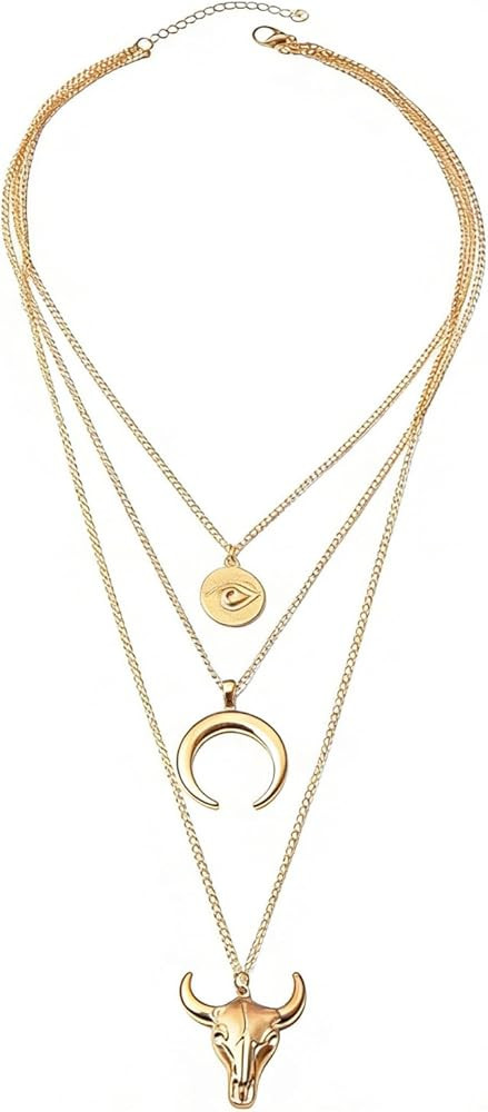 Women's Vintage Western Layered Necklaces Evil Eye Bull Head Crescent Moon Layered Necklace Boho ... | Amazon (US)
