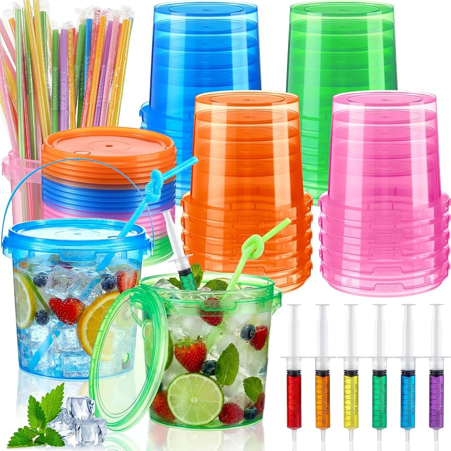 Funnymoom 60 Pcs /20 Sets Plastic Buckets for Drink with Straws Lids Syringes Rum Drink Buckets w... | Amazon (US)
