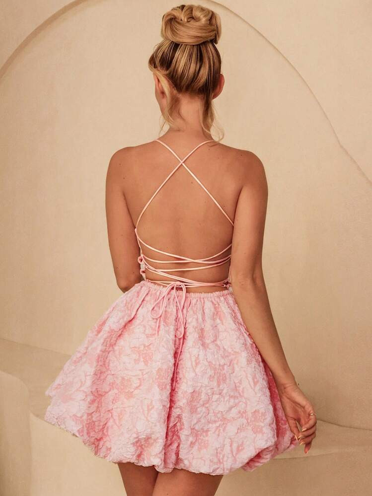 Glamine Charm Glamine Pink Textured Jacquard Fabric Sexy Backless Spaghetti Straps Bubble Hem Unique Design Fashionable And Elegant Princess Style Romantic Summer Vacation Mini Dress, Romantic Date, Vacation, Party, Summer Dress Prom Dresses For Women Homecoming Dresses For Women Prom Dresses For Woman Prom Dresses 2025 | SHEIN