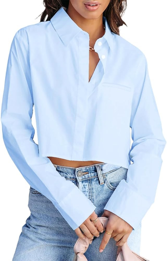 BONITEE Women Cropped Button Down Shirts 2025 Fall Trendy Casual Long Sleeve Crop Blouses Summer ... | Amazon (US)