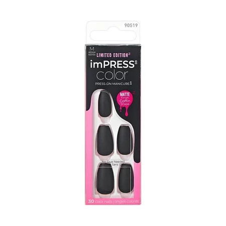 KISS imPRESS Color Press-On Manicure Halloween Black Medium Length Coffin Shape Thriller Night 33 Ct. | Walmart (US)
