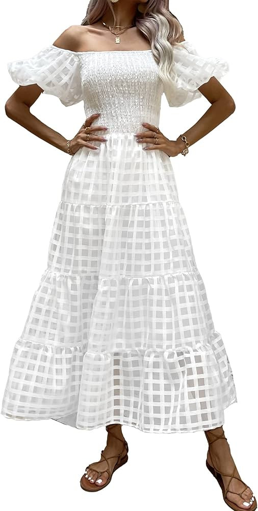 PRETTYGARDEN Women's Casual Summer Midi Dress Puffy Short Sleeve Square Neck Smocked Tiered Ruffl... | Amazon (US)
